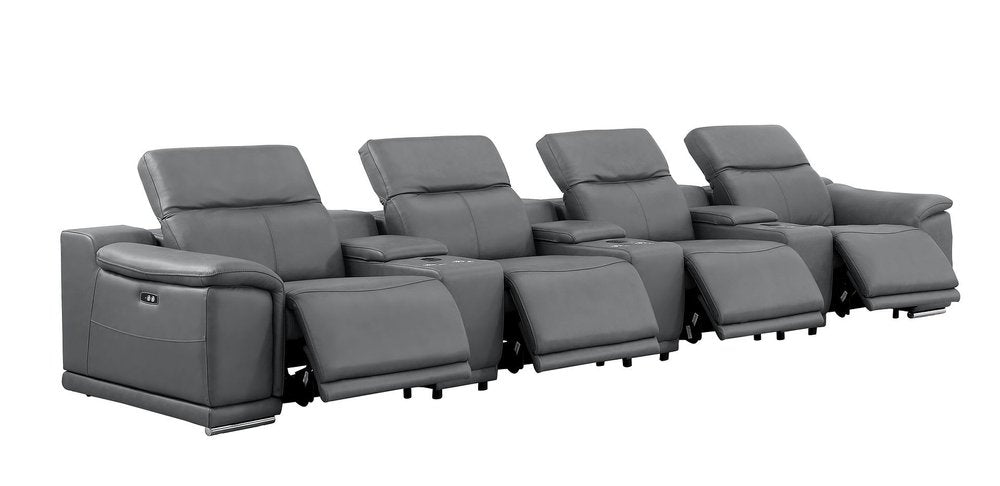 175" Dark Gray Top Grain Leather Reclining USB Sofa And Storage