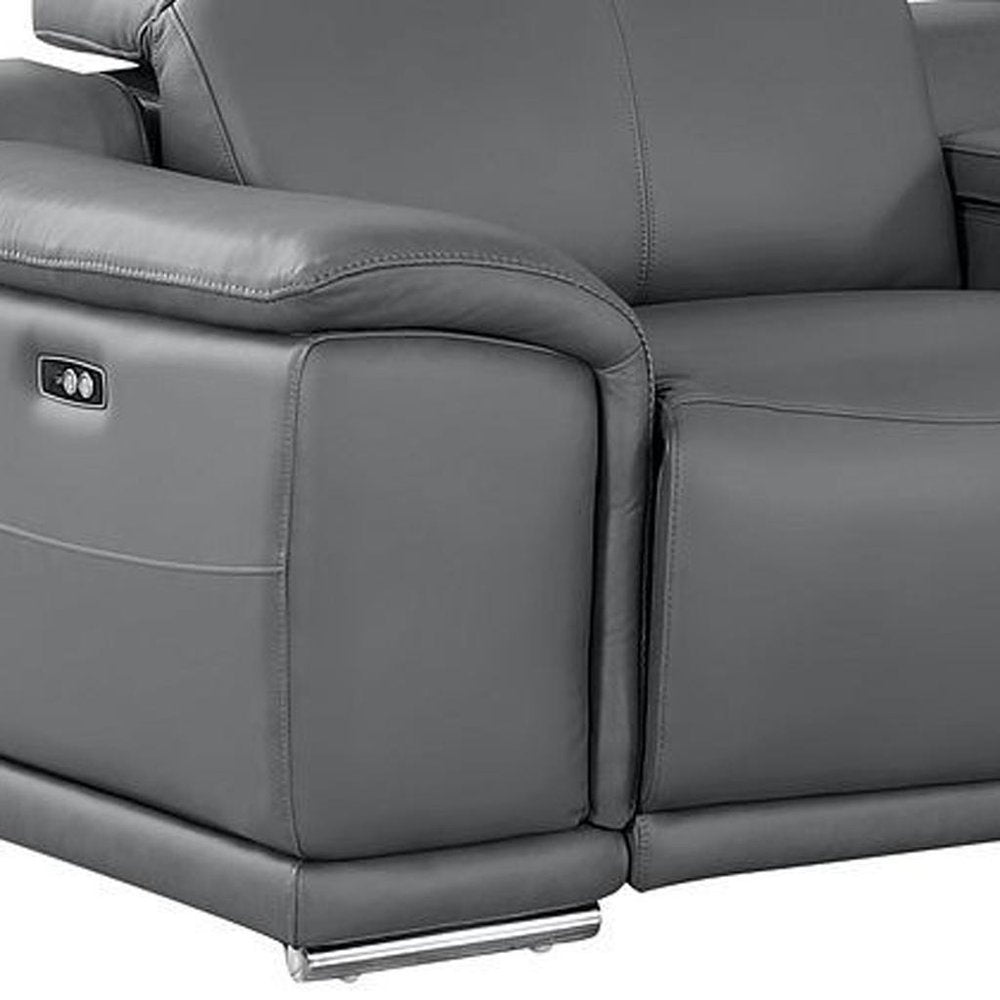 175" Dark Gray Top Grain Leather Reclining USB Sofa And Storage
