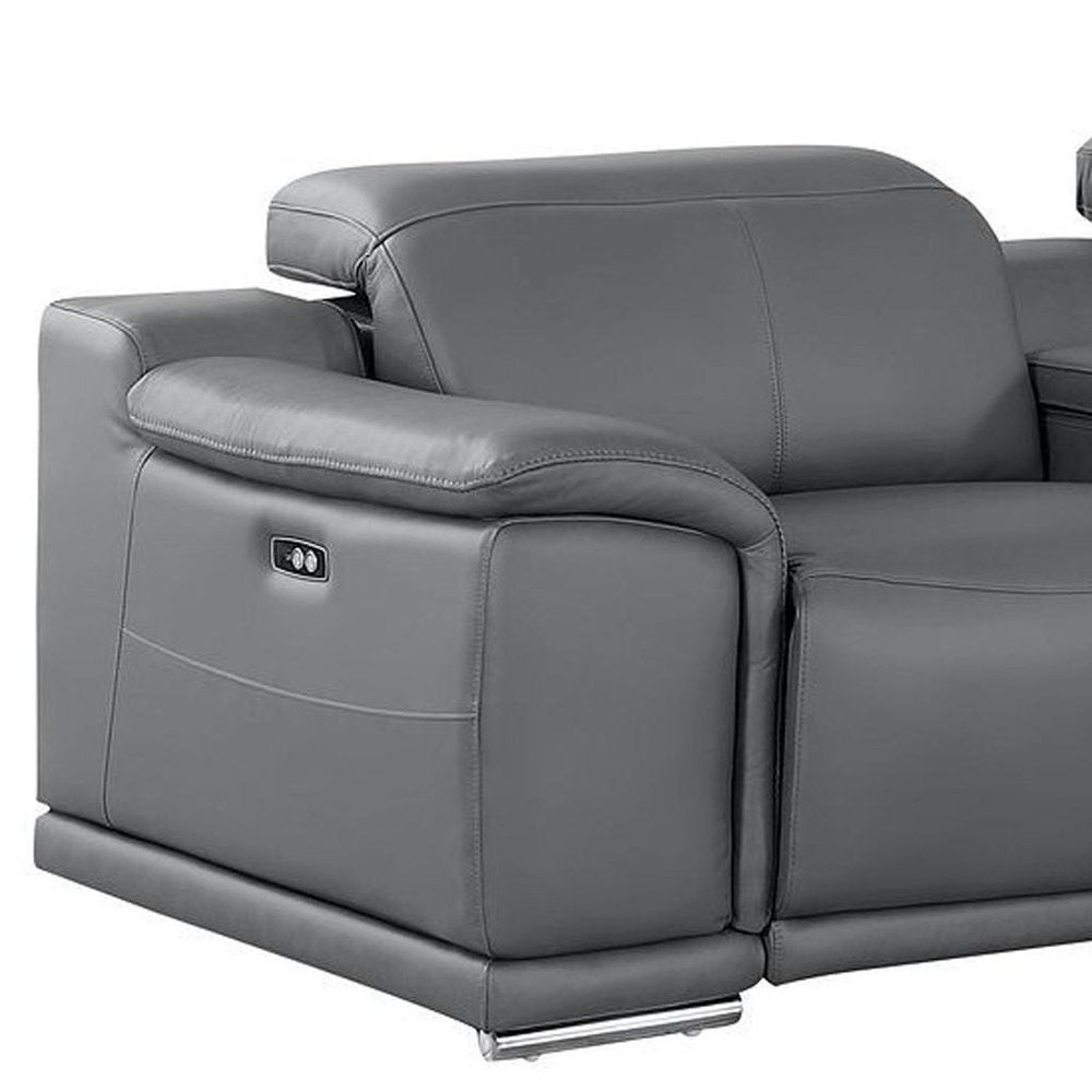 175" Dark Gray Top Grain Leather Reclining USB Sofa And Storage