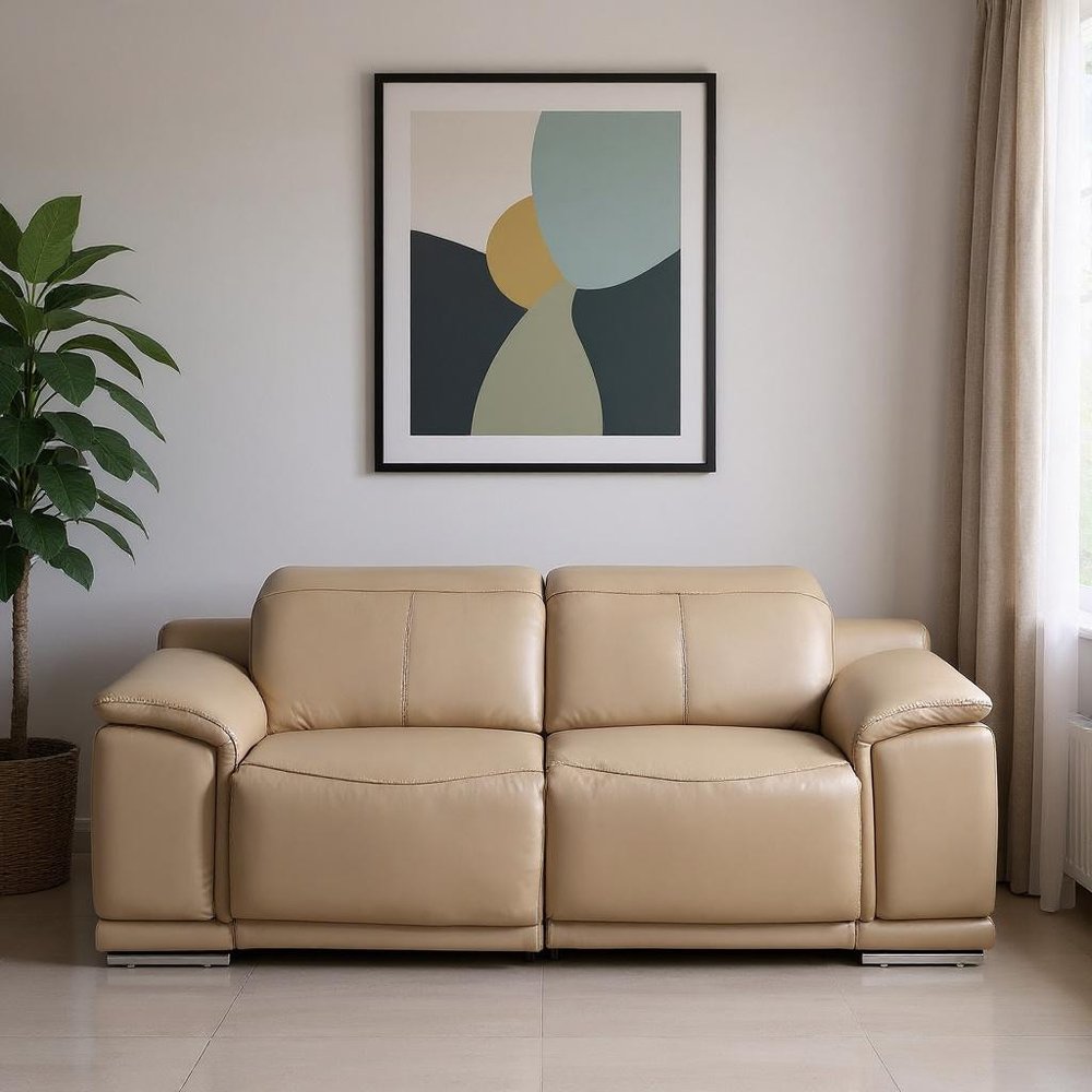 80" Beige and Silver Leather Power Reclining Loveseat
