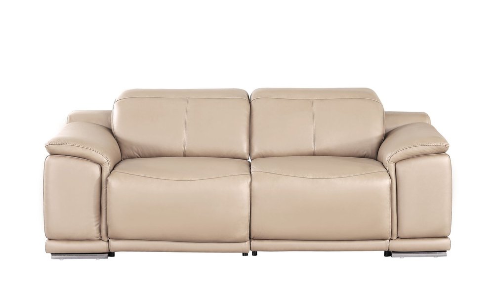 80" Beige and Silver Leather Power Reclining Loveseat