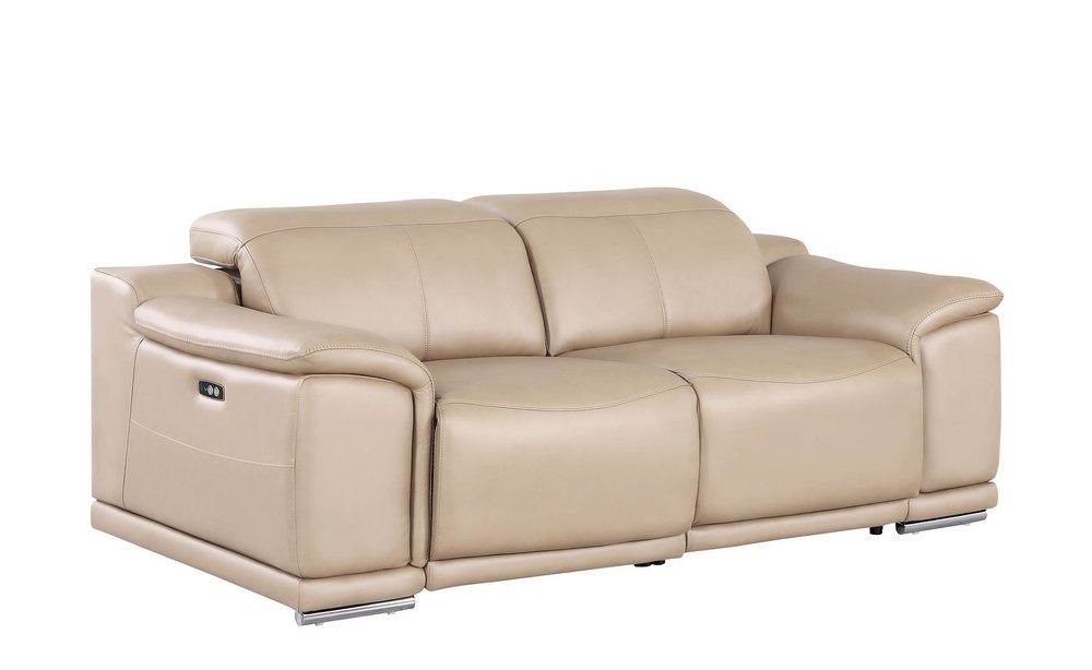 80" Beige and Silver Leather Power Reclining Loveseat