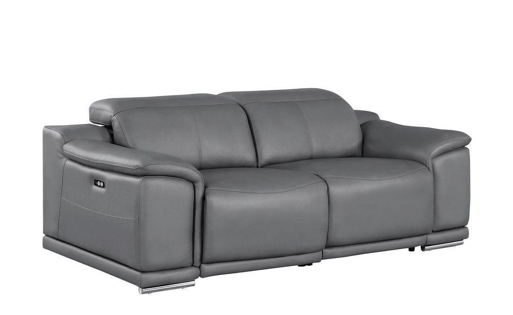 80" Battleship Gray and Silver Leather Power Reclining Loveseat
