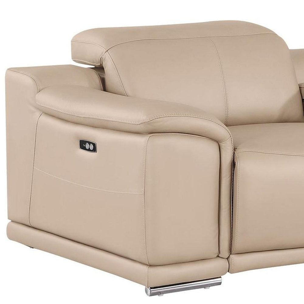 93" Beige and Silver Leather Power Reclining Loveseat