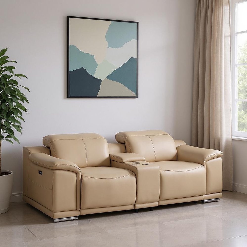 93" Beige and Silver Leather Power Reclining Loveseat