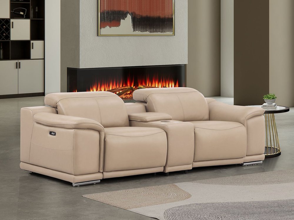 93" Beige and Silver Leather Power Reclining Loveseat