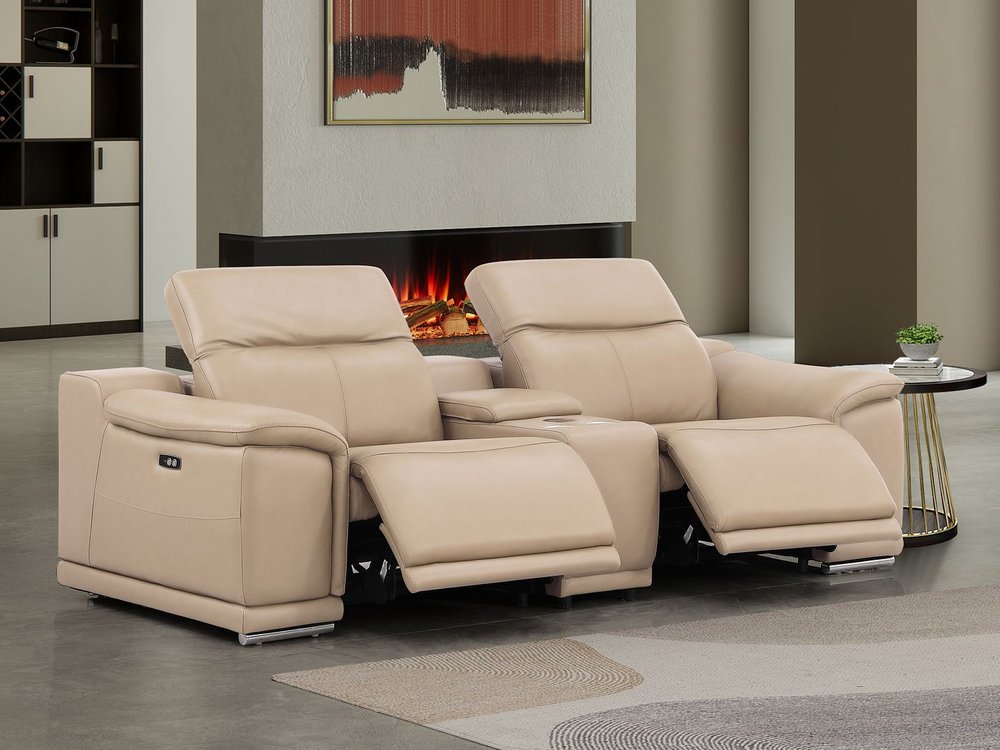 93" Beige and Silver Leather Power Reclining Loveseat