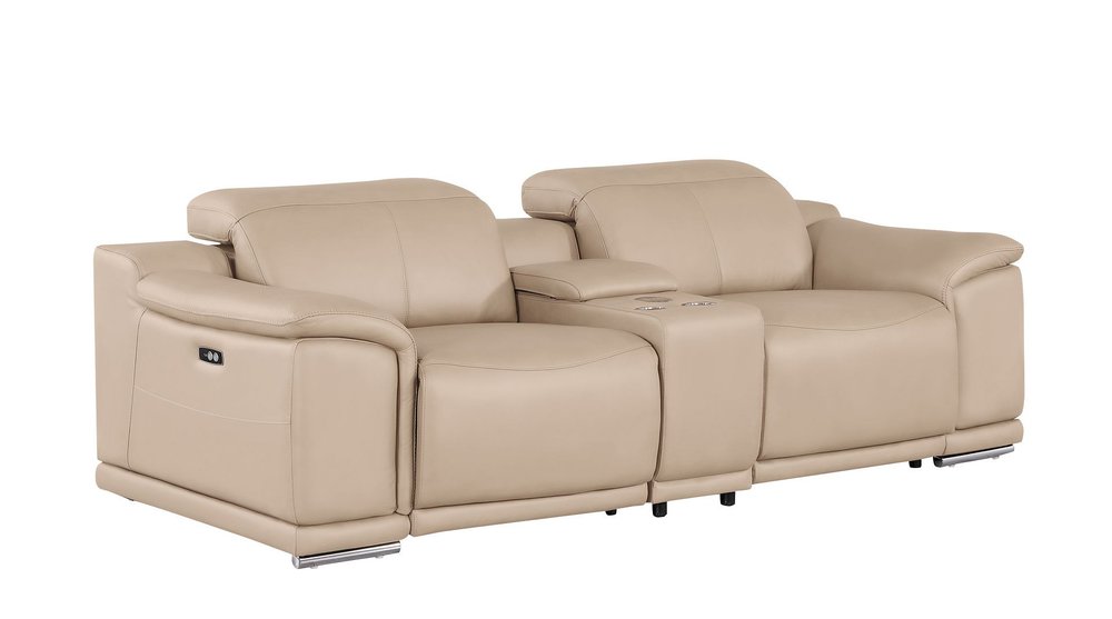 93" Beige and Silver Leather Power Reclining Loveseat