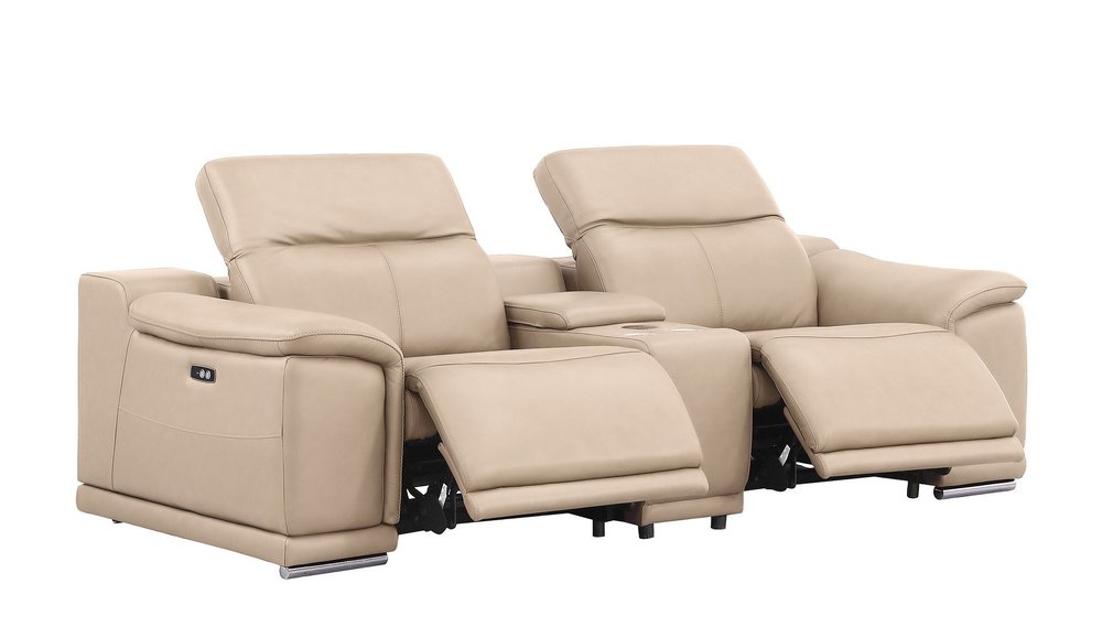 93" Beige and Silver Leather Power Reclining Loveseat