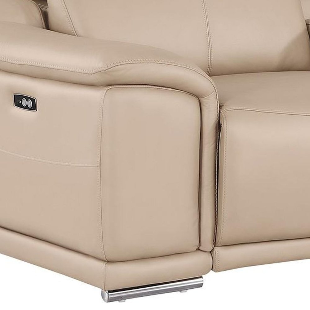 93" Beige and Silver Leather Power Reclining Loveseat