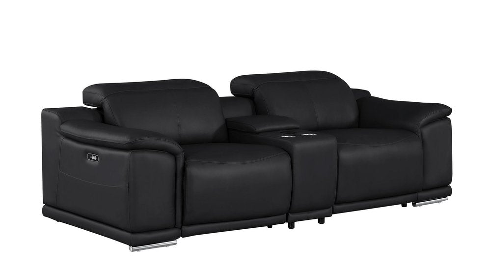 93" Black and Silver Leather Power Reclining Loveseat