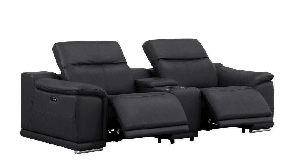 93" Black and Silver Leather Power Reclining Loveseat