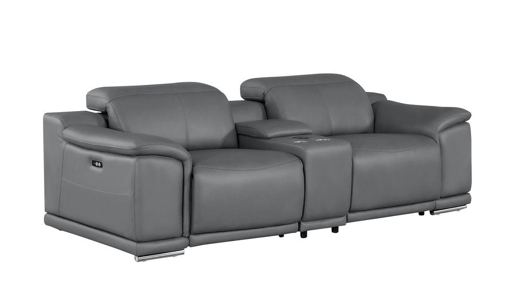 93" Battleship Gray and Silver Leather Power Reclining Loveseat