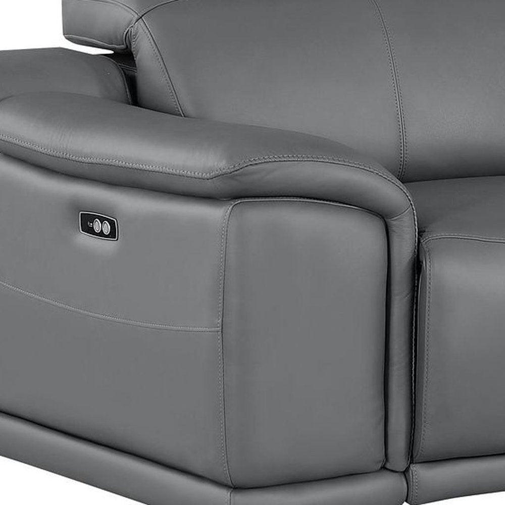 93" Battleship Gray and Silver Leather Power Reclining Loveseat