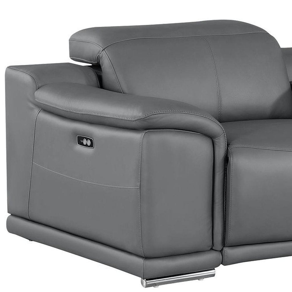 93" Battleship Gray and Silver Leather Power Reclining Loveseat