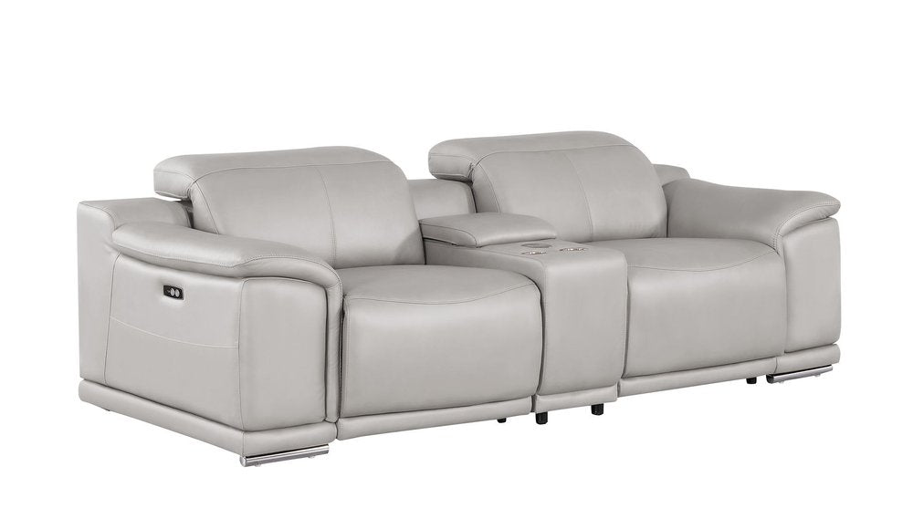 93" Ash Gray and Silver Leather Power Reclining Loveseat