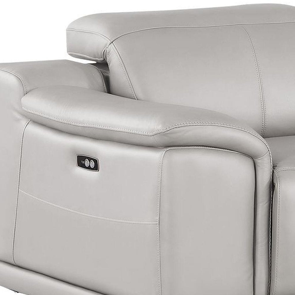 93" Ash Gray and Silver Leather Power Reclining Loveseat