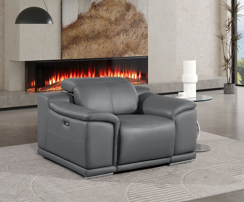 39" Battleship Gray Genuine Leather Wall Hugger Power Recliner With USB