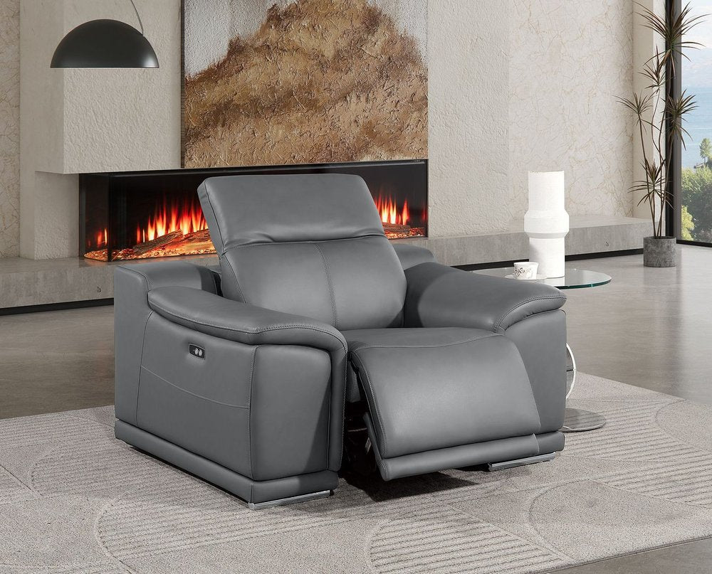 39" Battleship Gray Genuine Leather Wall Hugger Power Recliner With USB
