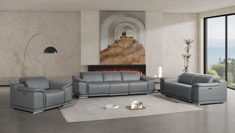 Three Piece Battleship Gray Genuine Leather Five Person Seating Set