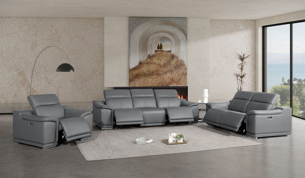 Three Piece Battleship Gray Genuine Leather Five Person Seating Set