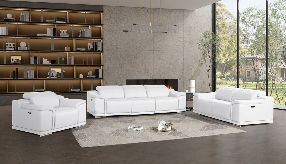 Three Piece White Genuine Leather Five Person Seating Set