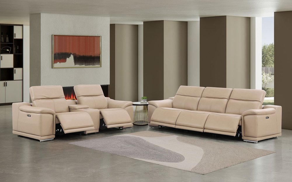 Two Piece Beige Genuine Leather Five Person Seating Set