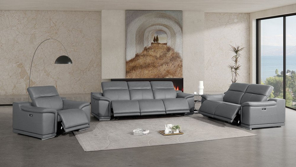 Three Piece Battleship Gray Genuine Leather Six Person Seating Set