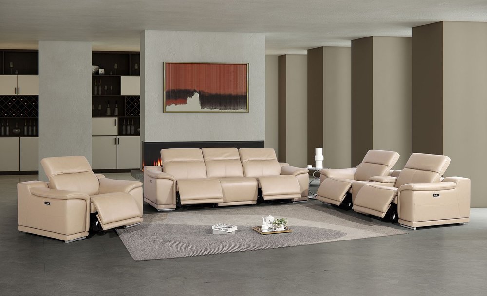 Three Piece Beige Genuine Leather Five Person Seating Set