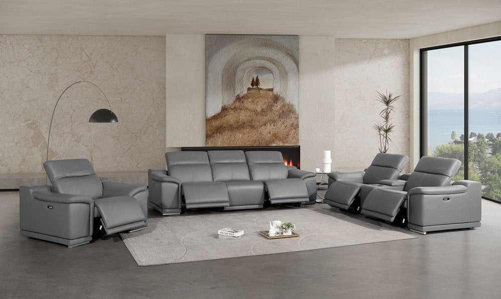 Three Piece Battleship Gray Genuine Leather Five Person Seating Set