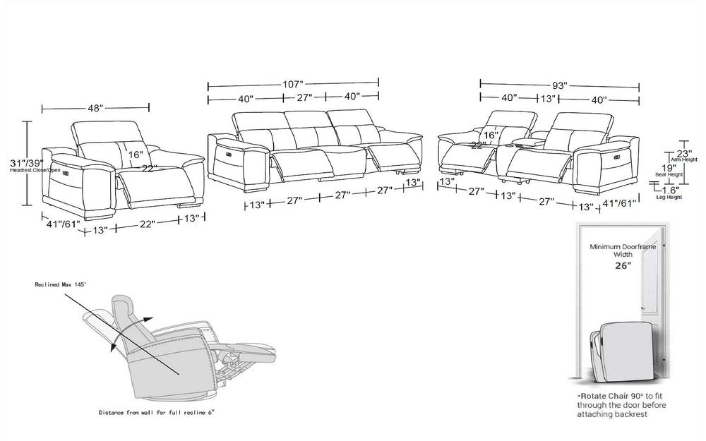 Three Piece Battleship Gray Genuine Leather Five Person Seating Set
