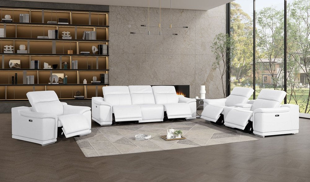 Three Piece White Genuine Leather Five Person Seating Set