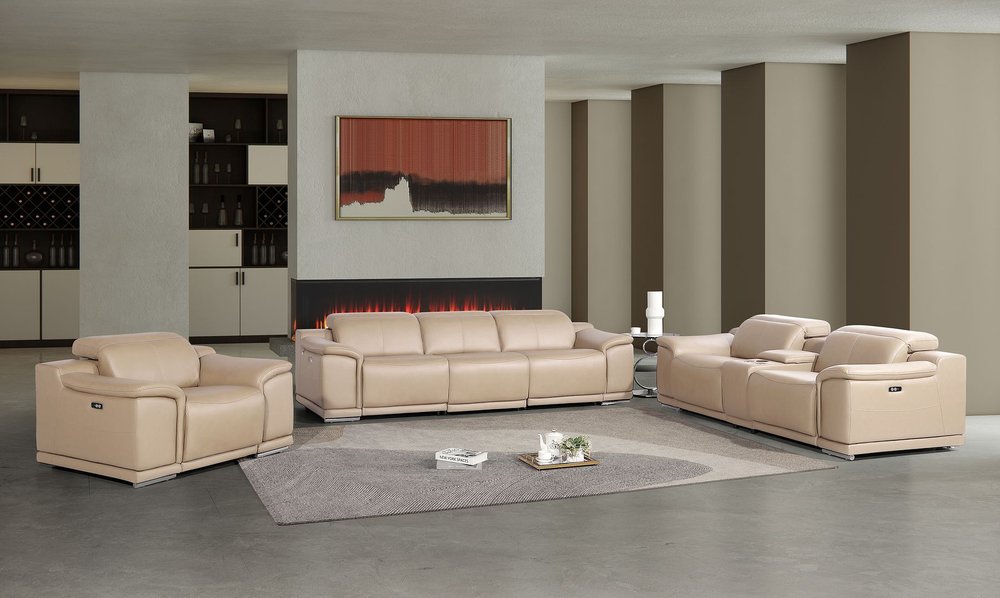 Three Piece Beige Genuine Leather Six Person Seating Set