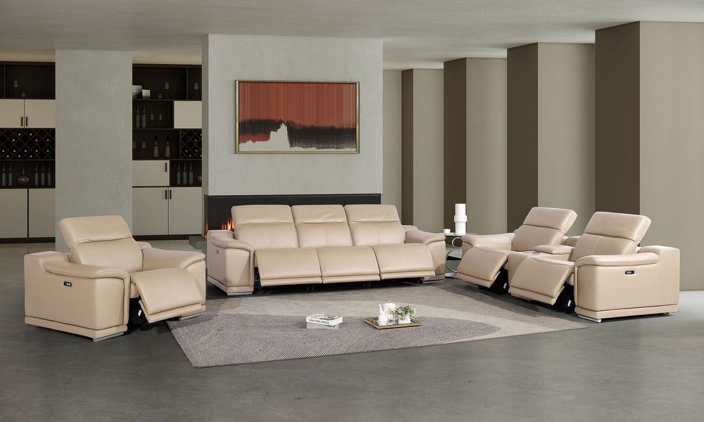 Three Piece Beige Genuine Leather Six Person Seating Set