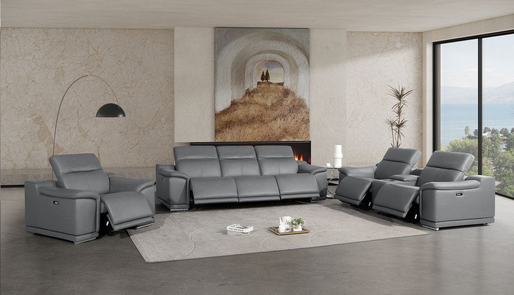 Three Piece Battleship Gray Genuine Leather Six Person Seating Set
