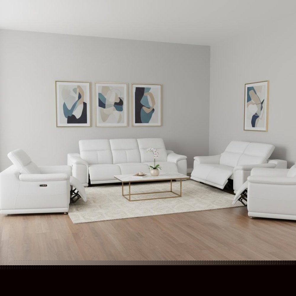 Three Piece White Genuine Leather Six Person Seating Set