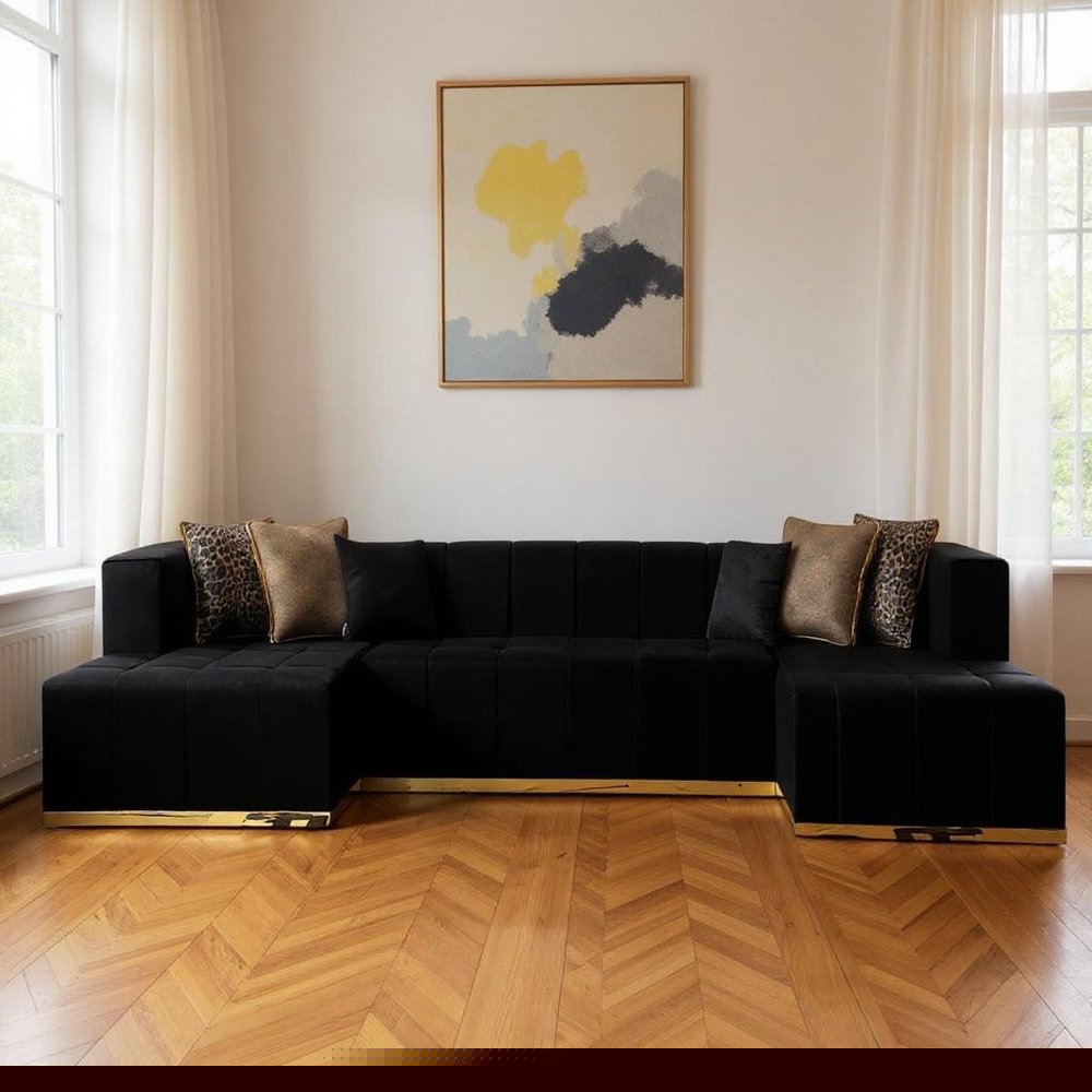 Black Velvet U Shaped Three Piece Sofa and Chaise Sectional With Toss Pillows