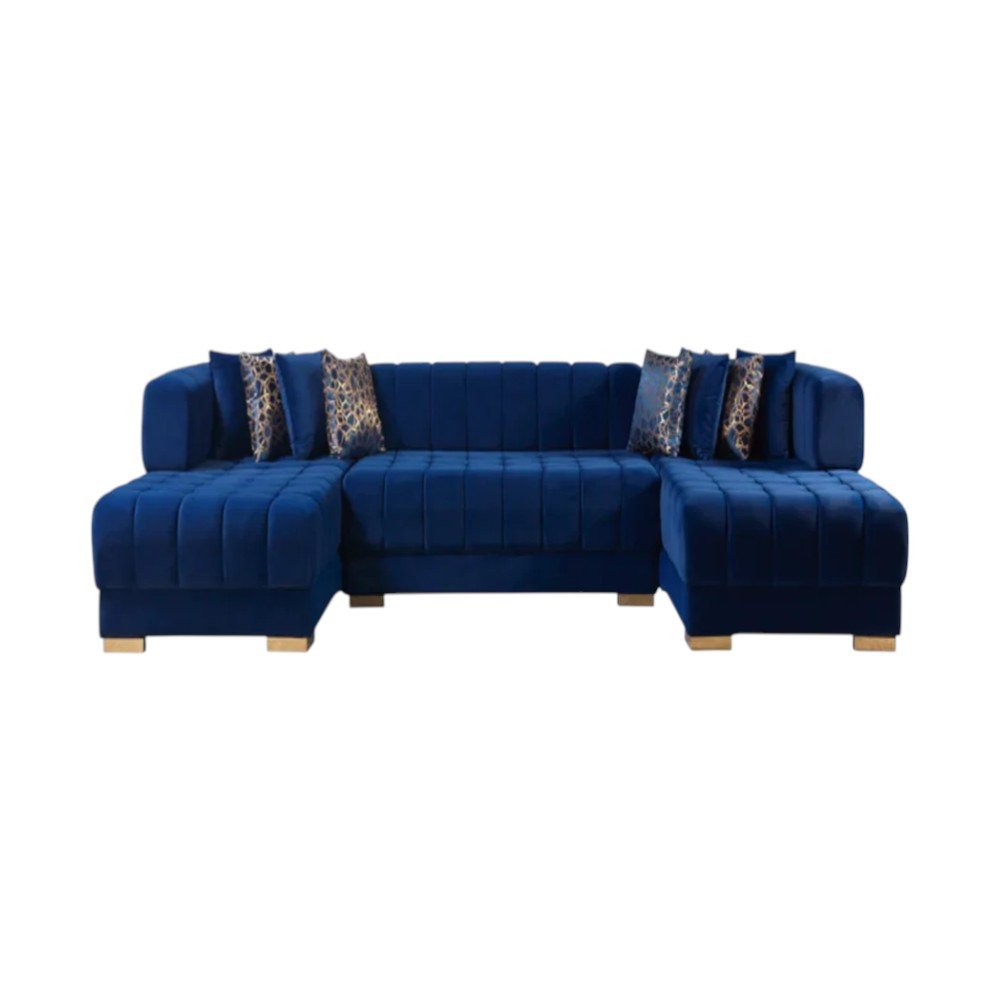 Blue Velvet U Shaped Three Piece Sofa and Chaise Sectional With Toss Pillows