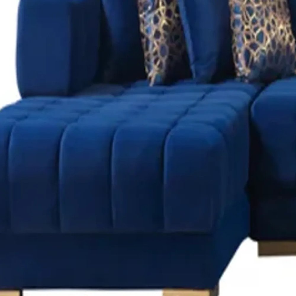 Blue Velvet U Shaped Three Piece Sofa and Chaise Sectional With Toss Pillows