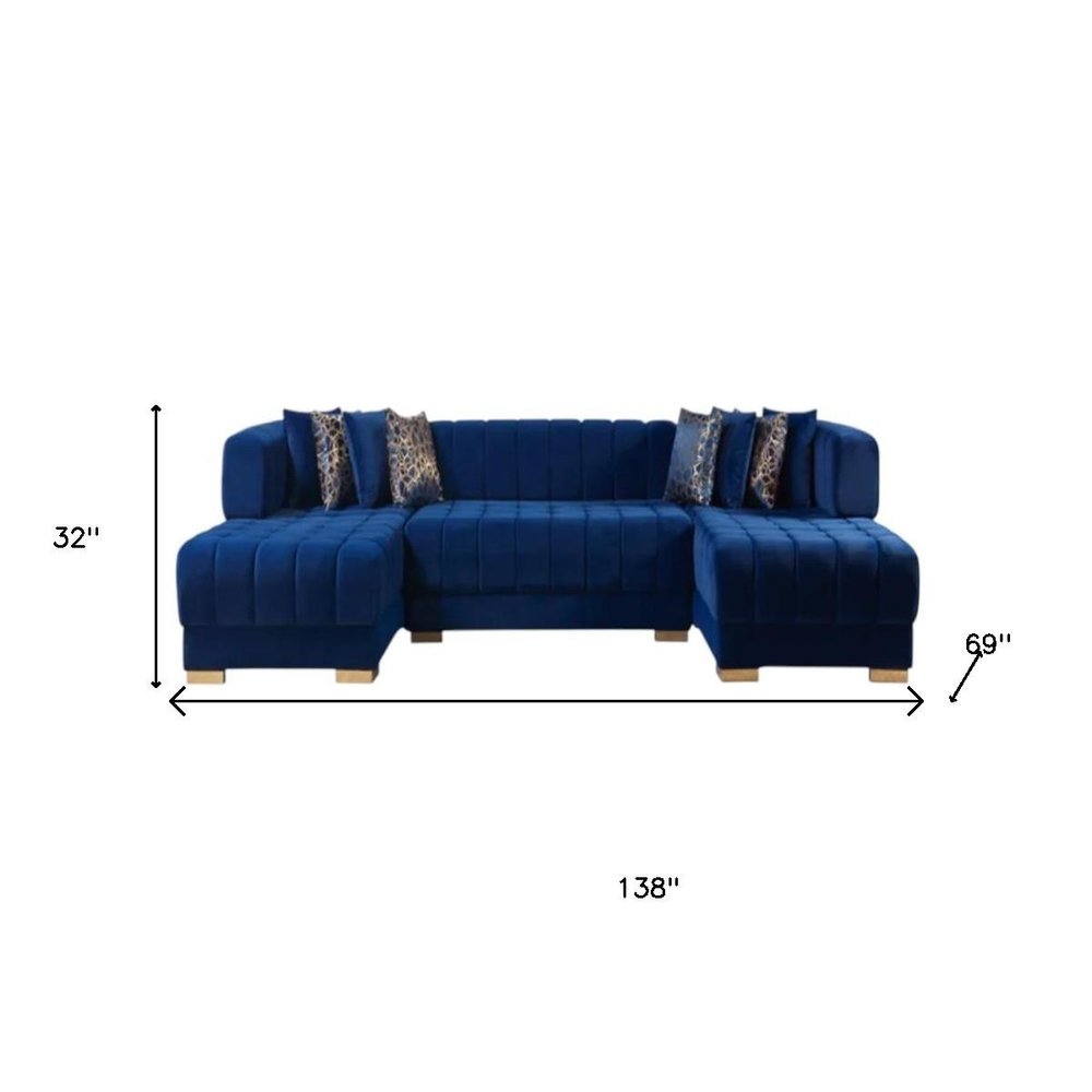 Blue Velvet U Shaped Three Piece Sofa and Chaise Sectional With Toss Pillows