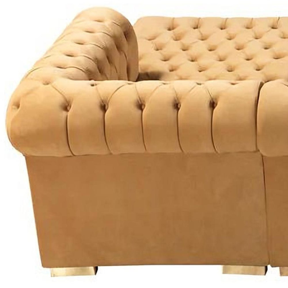 Mustard Velvet U Shaped Three Piece Sofa and Chaise Sectional With Toss Pillows