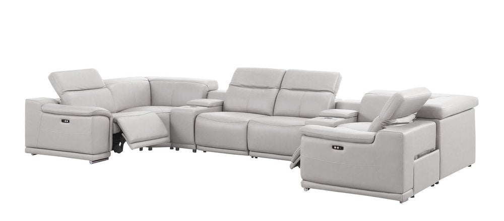 Ash Gray Leather Modular U Shaped Eight Piece Corner Sectional With Console