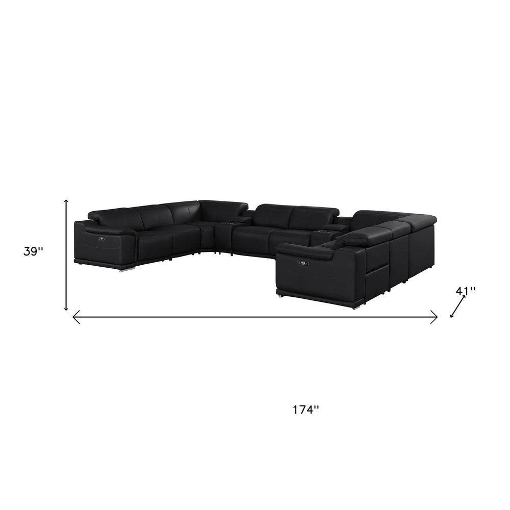 Black Leather Modular U Shaped Ten Piece Corner Sectional With Console