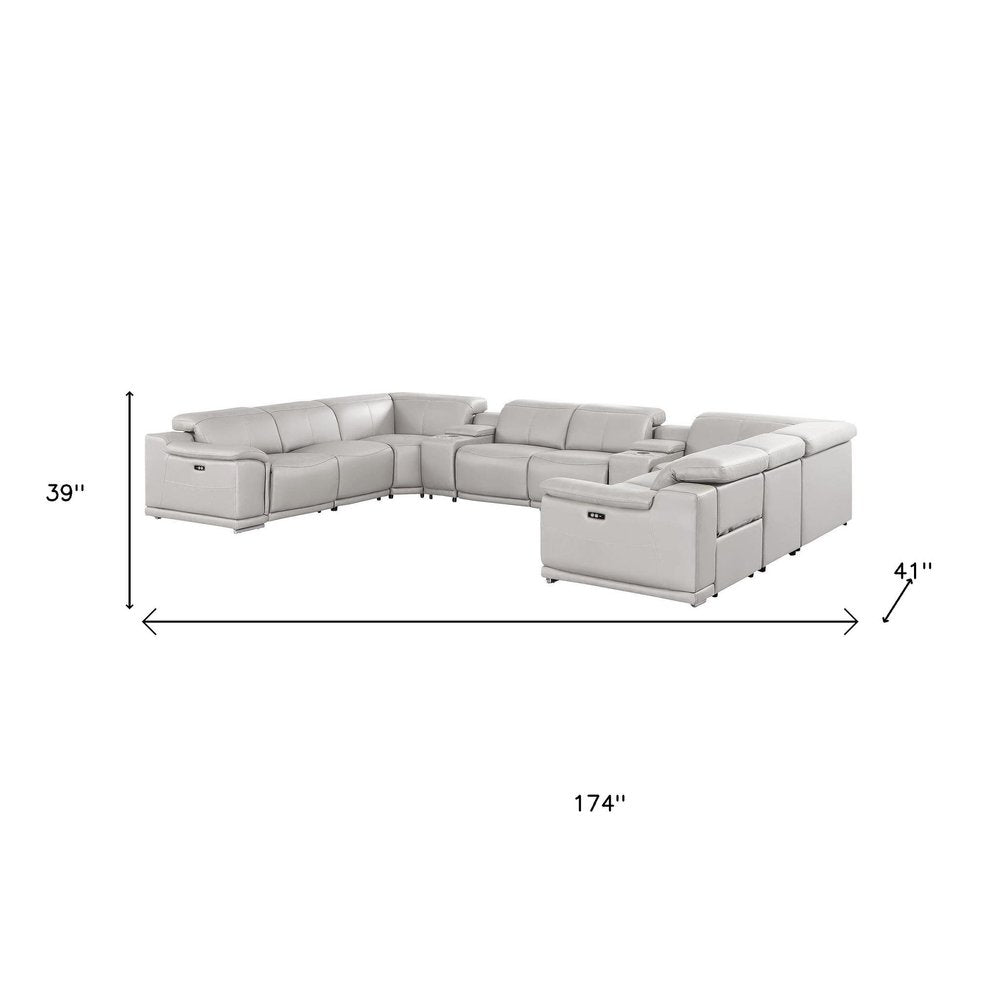 Ash Gray Leather Modular U Shaped Ten Piece Corner Sectional With Console