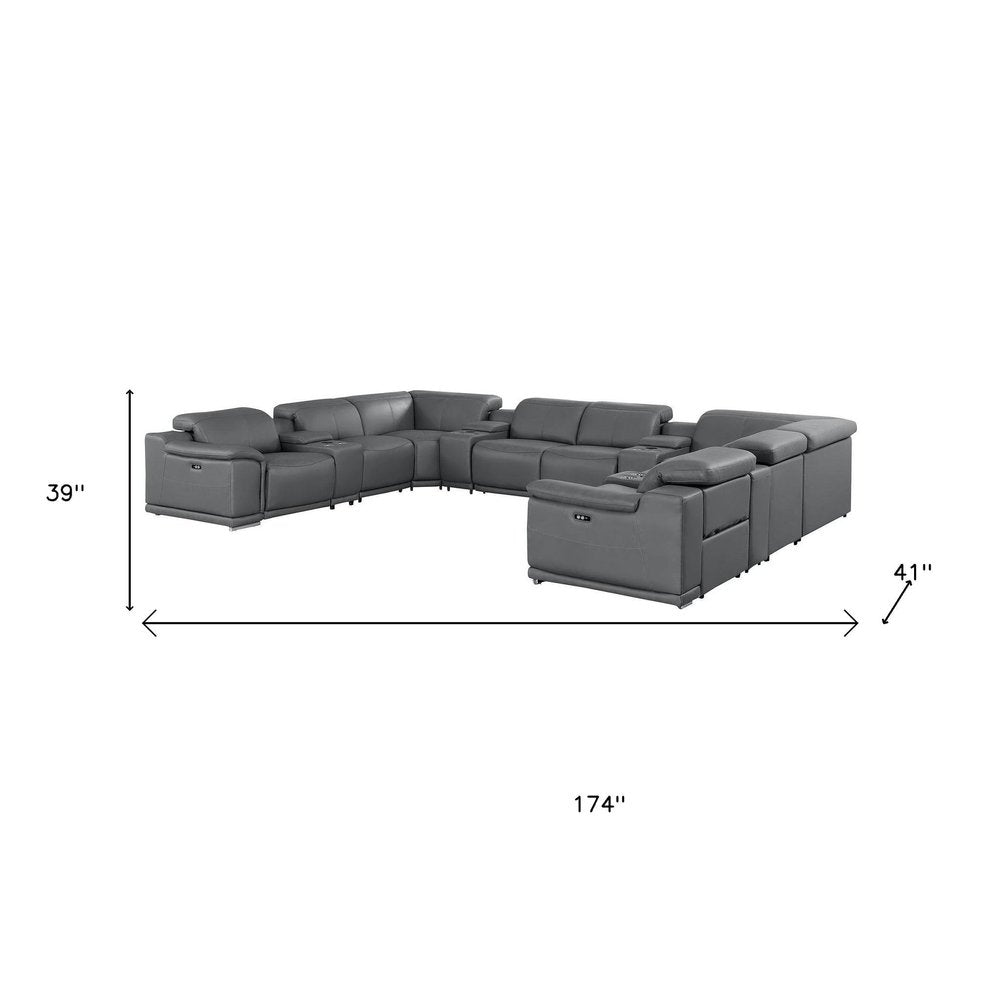 Battleship Gray Leather Modular U Shaped Twelve Piece Corner Sectional With Console