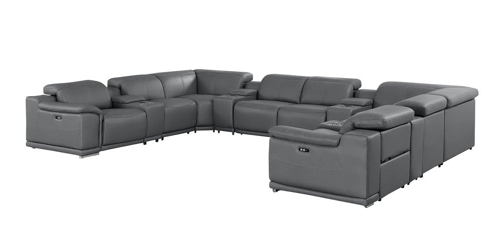 Battleship Gray Leather Modular U Shaped Twelve Piece Corner Sectional With Console