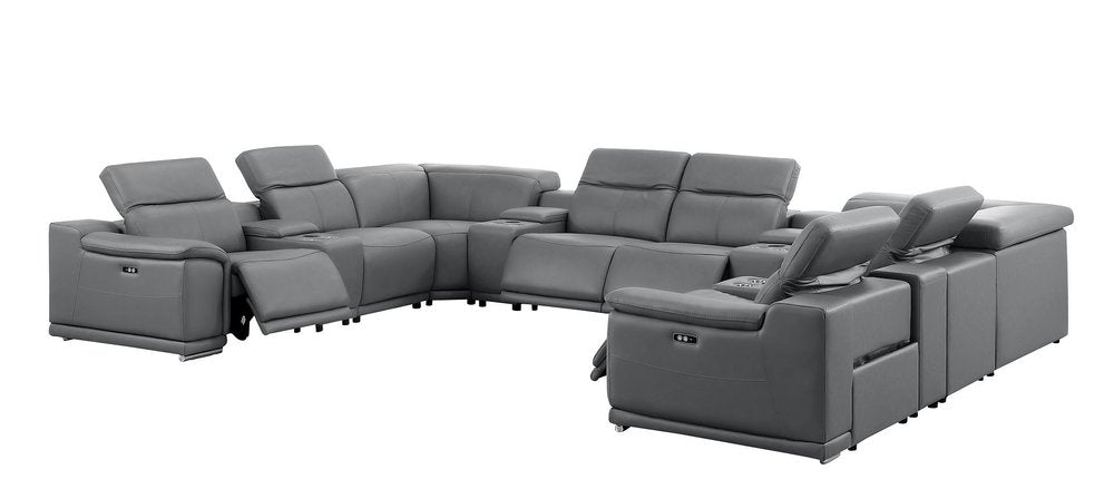 Battleship Gray Leather Modular U Shaped Twelve Piece Corner Sectional With Console