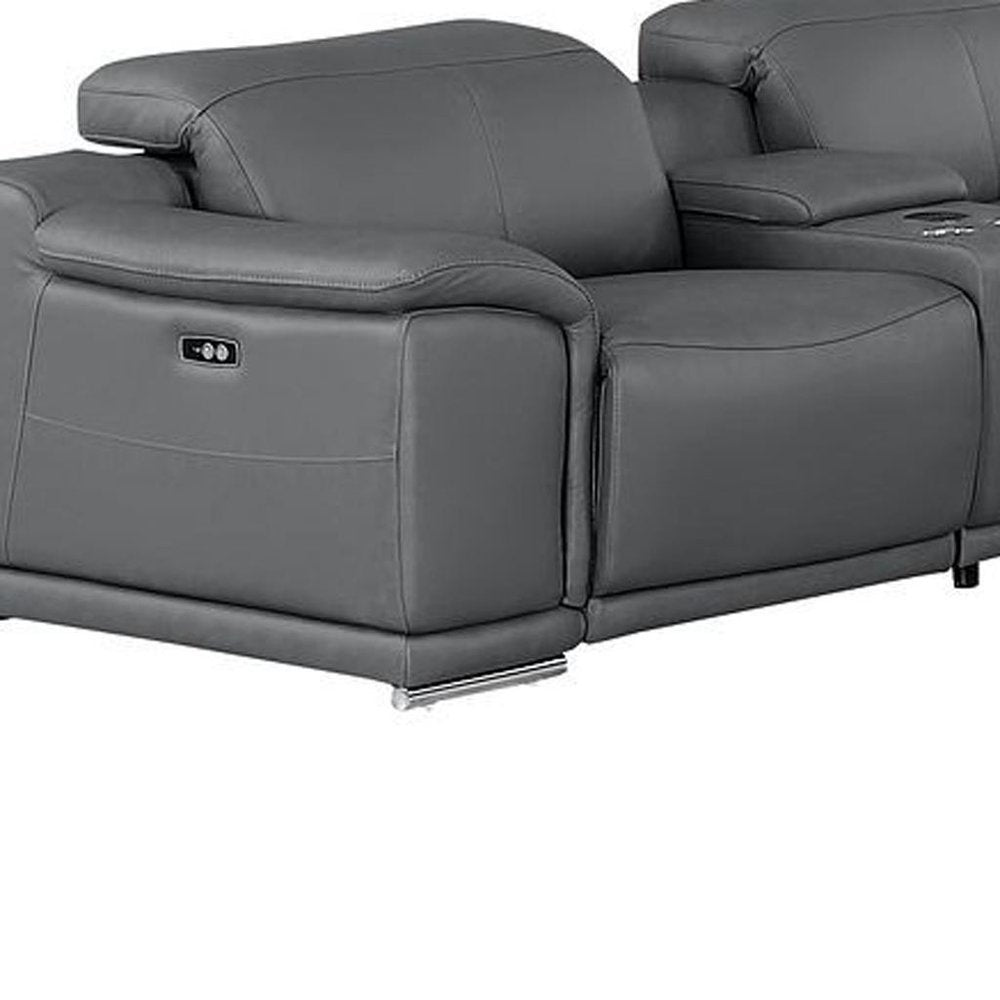 Battleship Gray Leather Modular U Shaped Twelve Piece Corner Sectional With Console