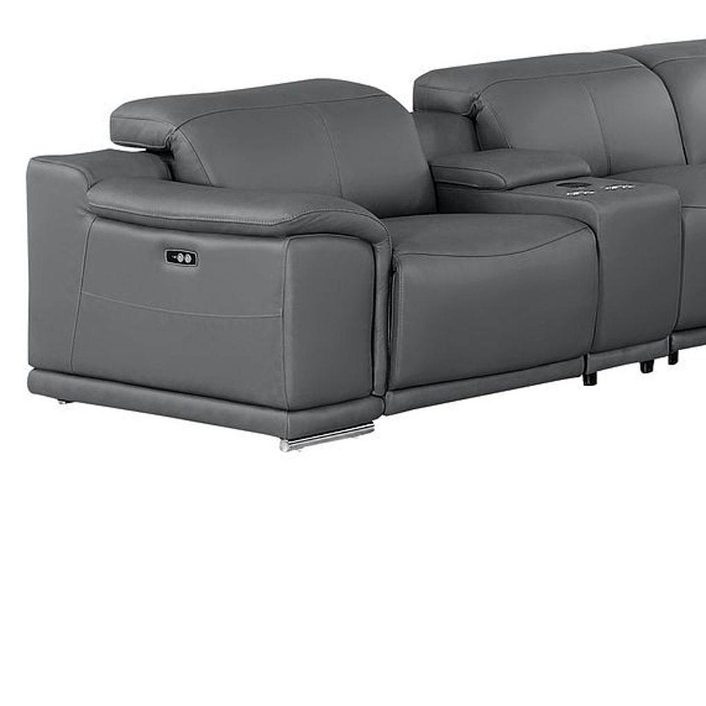 Battleship Gray Leather Modular U Shaped Twelve Piece Corner Sectional With Console