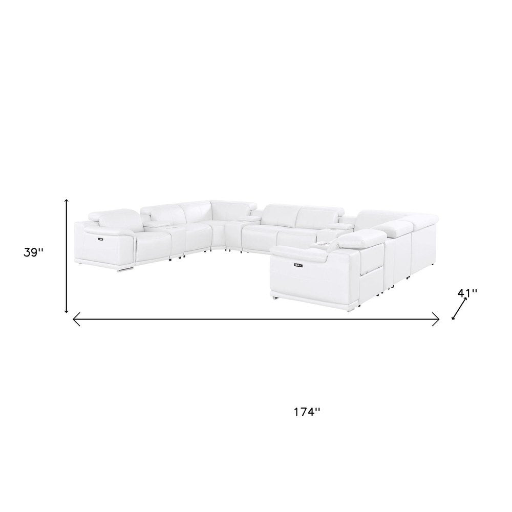 White Leather Modular U Shaped Twelve Piece Corner Sectional With Console